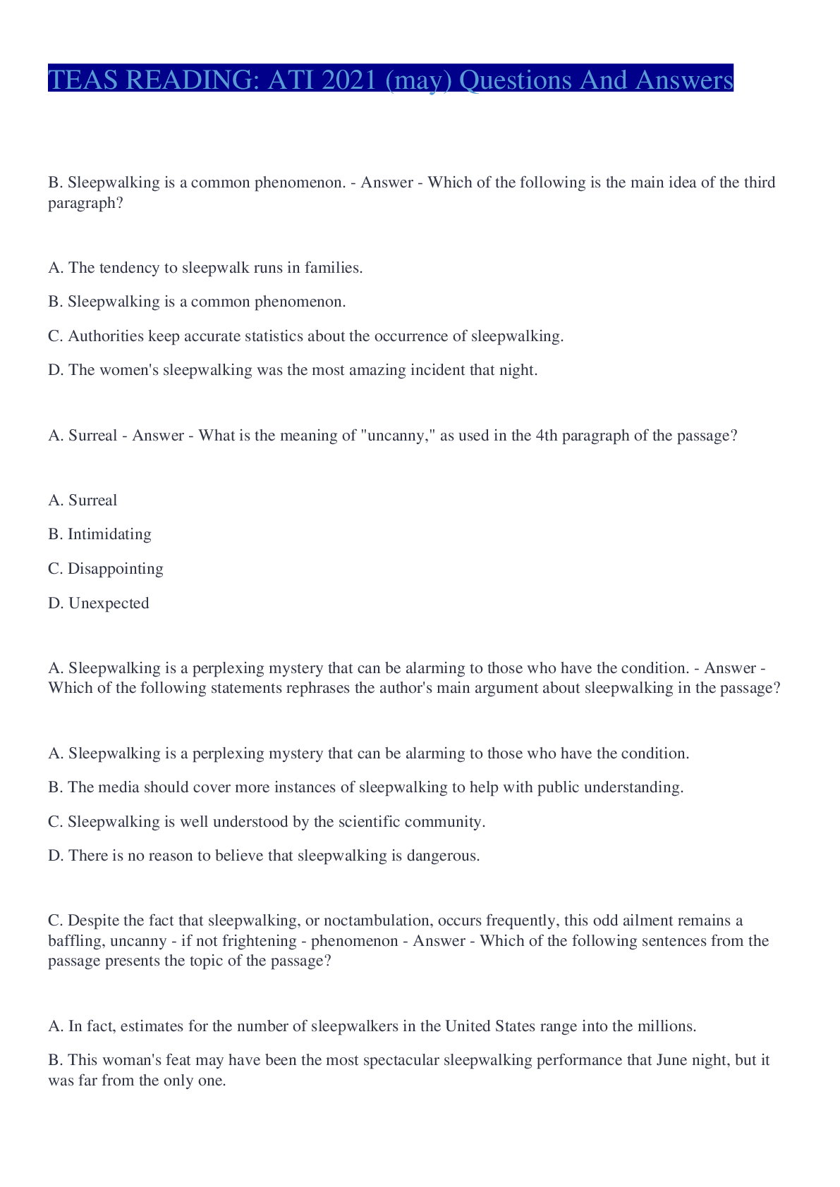 Preview of TEAS READING: ATI 2021 (may) Questions And Answers